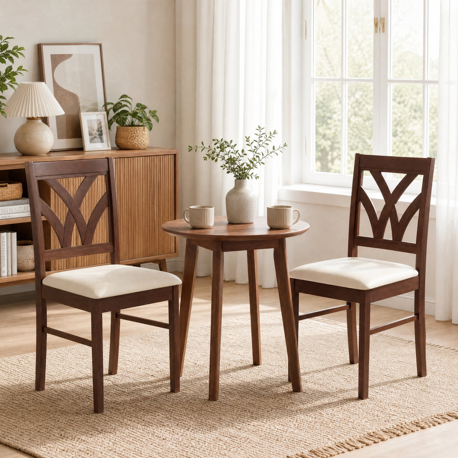 Furnibear Upholstered Wooden Dining Chairs Set of 2 with Hollowed Backrest and Padded Seats on Solid Rubber Wood Frame, Brown