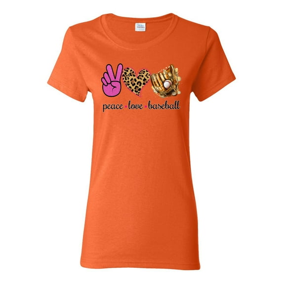 Peace Love Baseball Sports Womens Graphic T-Shirt, Orange, Small