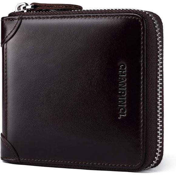 CHANPINCL Cartera Moderna con Zíper y Doble Pliegue para Hombre con Bloqueo RFID, Marrón