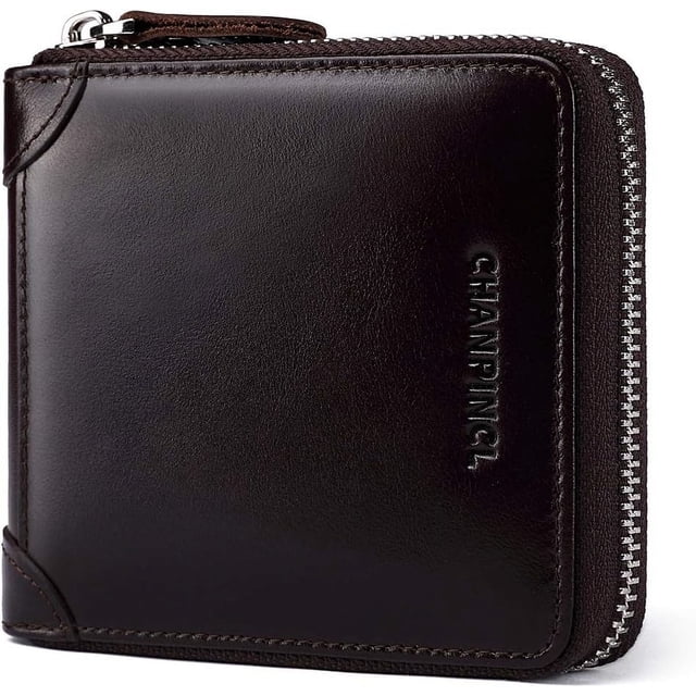 CHANPINCL Cartera Moderna con Zíper y Doble Pliegue para Hombre con Bloqueo RFID, Marrón