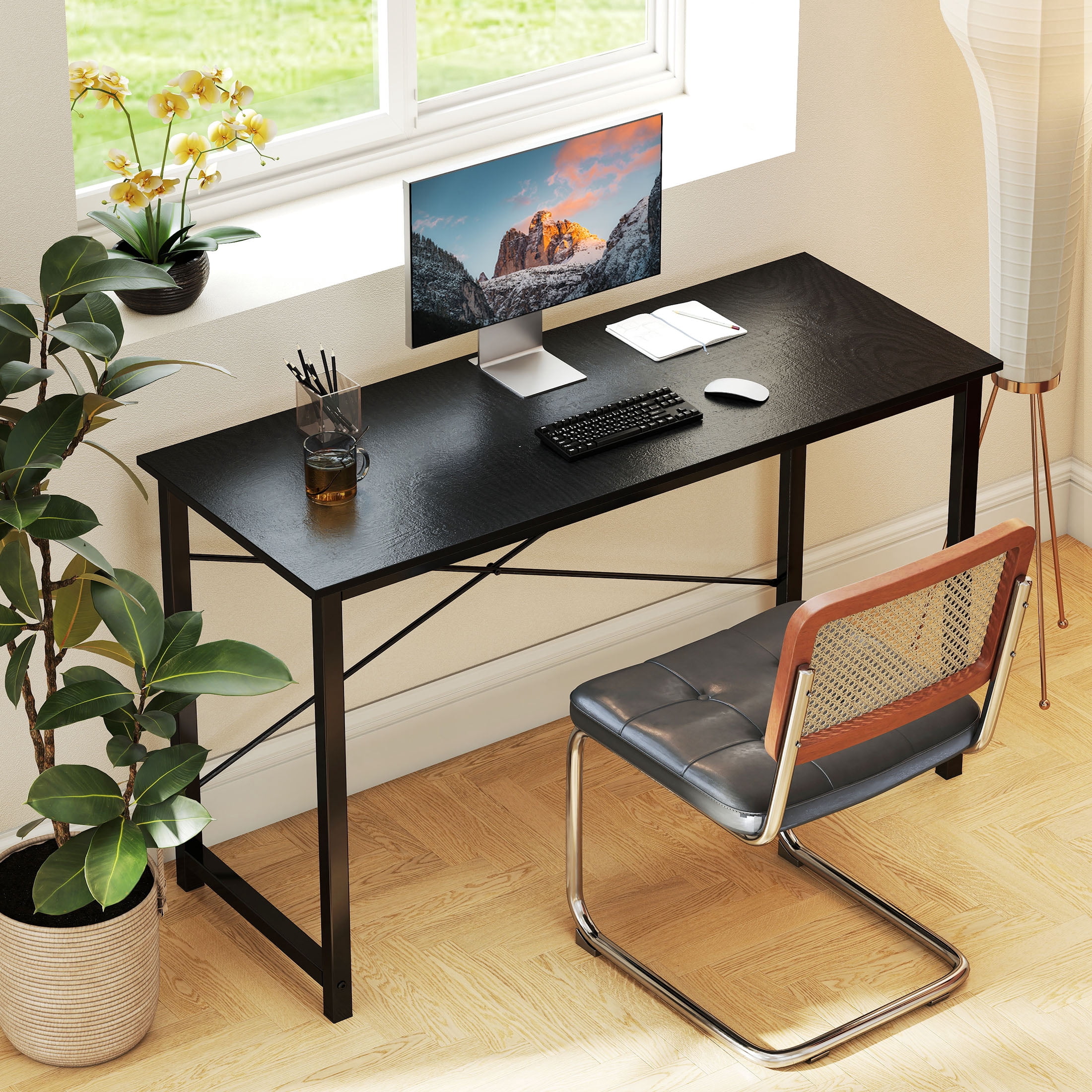 EDX Computer Desk 47 Inch Writing Desk with Storage Bag Iron Hook Metal Frame for Home, Black