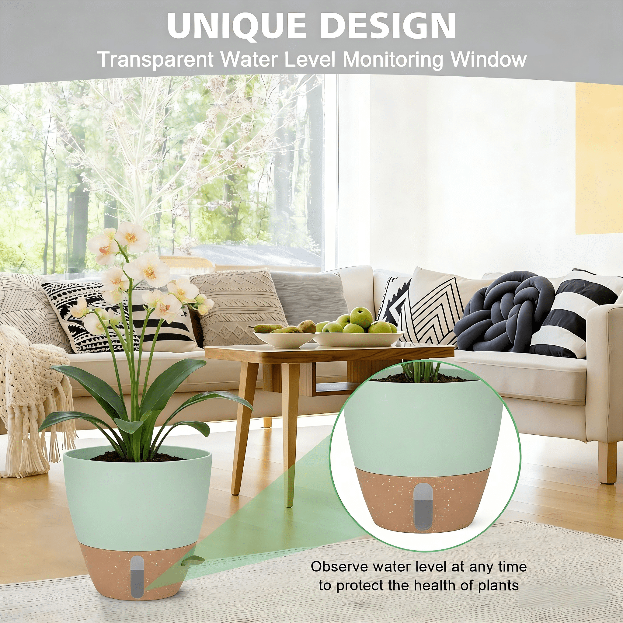 Lopxenu 12" 10" 9" 8" Self Watering Pots with Water Level Indicator, Large Plastic Planters Set with Drainage Hole and Removable Saucer Reservoir, Big Flower Pot for Indoor Outdoor Plants (Green)