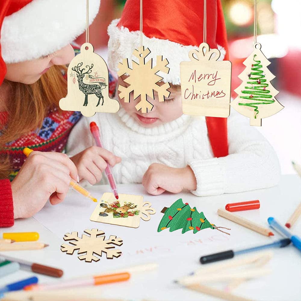 YUNOVA DIY Christmas Wood Ornaments Painting Kit for Kids - 70PCS Blank Wooden Shapes with Watercolor Pens, Strings, Eyes for Tree Decorations, Holiday Crafts