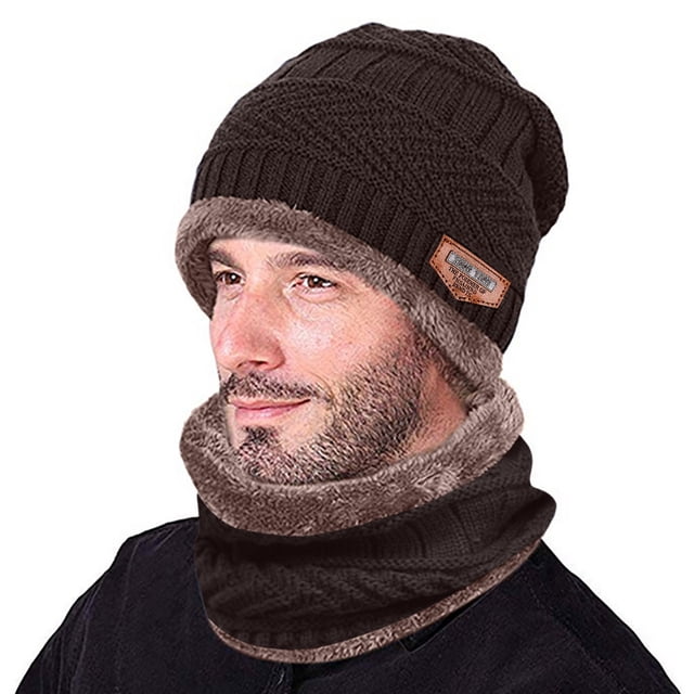 Conjunto de gorro y bufanda de punto cálido para invierno, gorro grueso y resistente al viento, mezcla de lana de 2 piezas, para hombre, para exteriores, ropa para clima frío, viajes