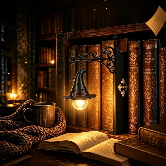 STIJGGN Vintage Witch Hat LED Bookshelf Lantern, Ornate Scroll Metal Hanging Bookshelf Night Light, Warm Glow Shelf Decor Lighting Gift for Book Readers, K*ids & Witchy Halloween Lovers