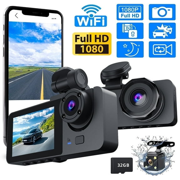 JahyElec Car Dash Cam 3 Channel 1080P Dash Camera Front and Rear Dashcam with WiFi & 32GB Card Night Vision 24H Parking Mode Loop Recording