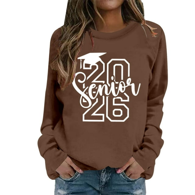 Womens Crewneck Sweatshirt Basic Fall Pullover Sweatshirt with Letter Print Round Neck Layering Top Comfort Fit Chandail Femme Coffee S
