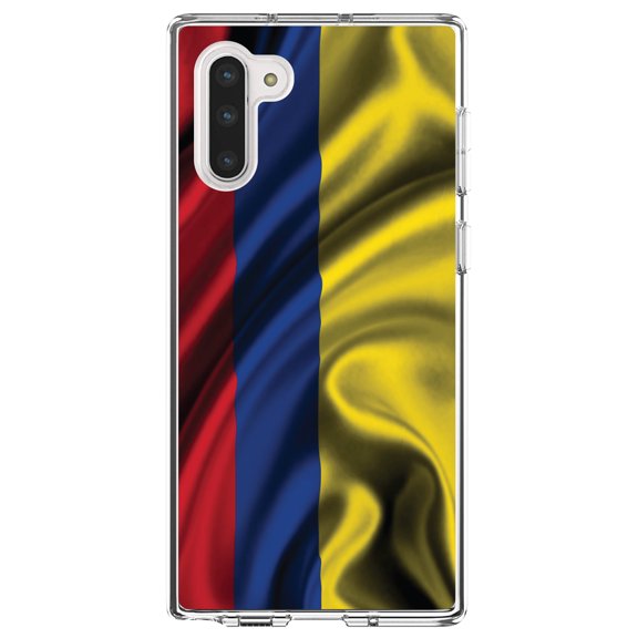 DistinctInk Clear Shockproof Hybrid Case for Samsung Galaxy Note 10 (6.3" Screen) - TPU Bumper, Acrylic Back, Tempered Glass Screen Protector - Colombia Waving Flag - Colombia
