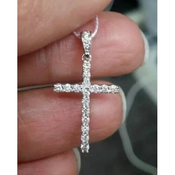 1.20Ct Round Cut Simulated Diamond Women's Cross Pendant 14K White Gold Plated 925 Silver 18" Chain