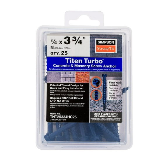 Simpson Strong-Tie Titen Turbo TNT25334HC25 Screw Anchor, 1/4 in Dia, 3-3/4 in L, Carbon Steel, Hex Head