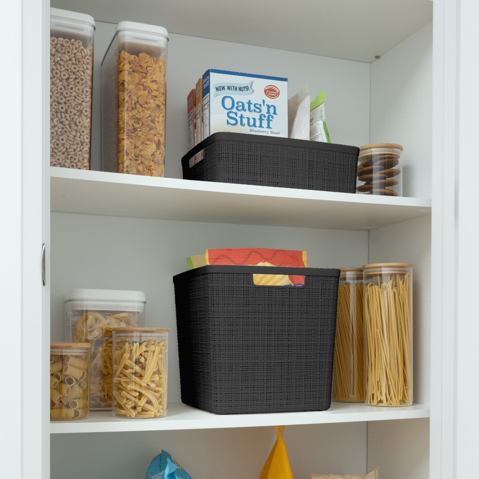 Curver Set of 4 Jute Basket Cube Durable Resin Organization and Storage Basket Bin, Black