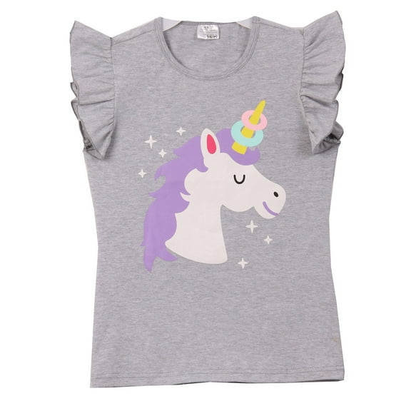 Toddler Girls Ruffle Sleeve Unicorn Cotton Summer School Top T-Shirt Tee Grey 2T XS (P318146P)