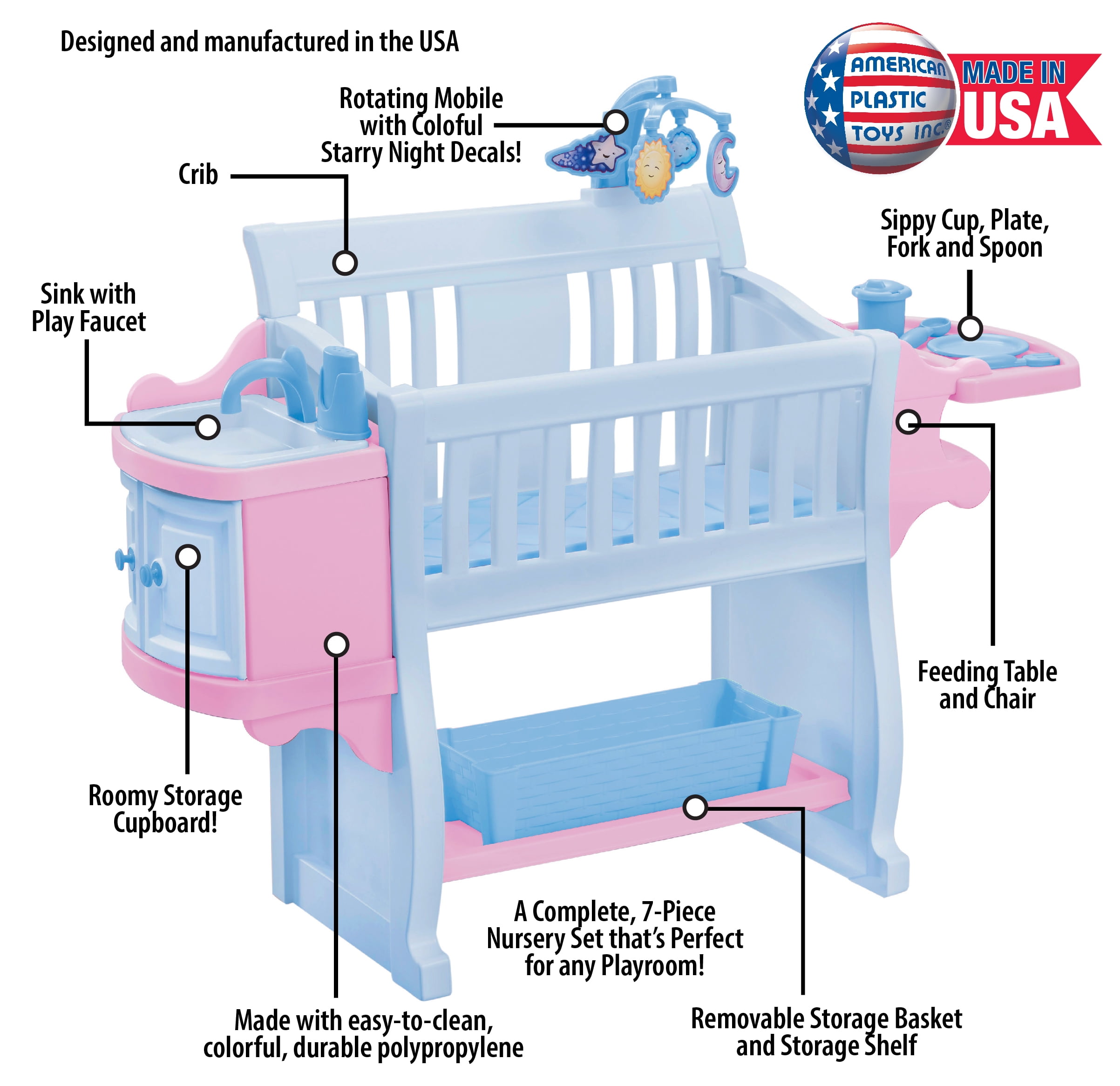 American Plastic Toys My Very Own Nursery with 6 piece Accessory Set for Kids