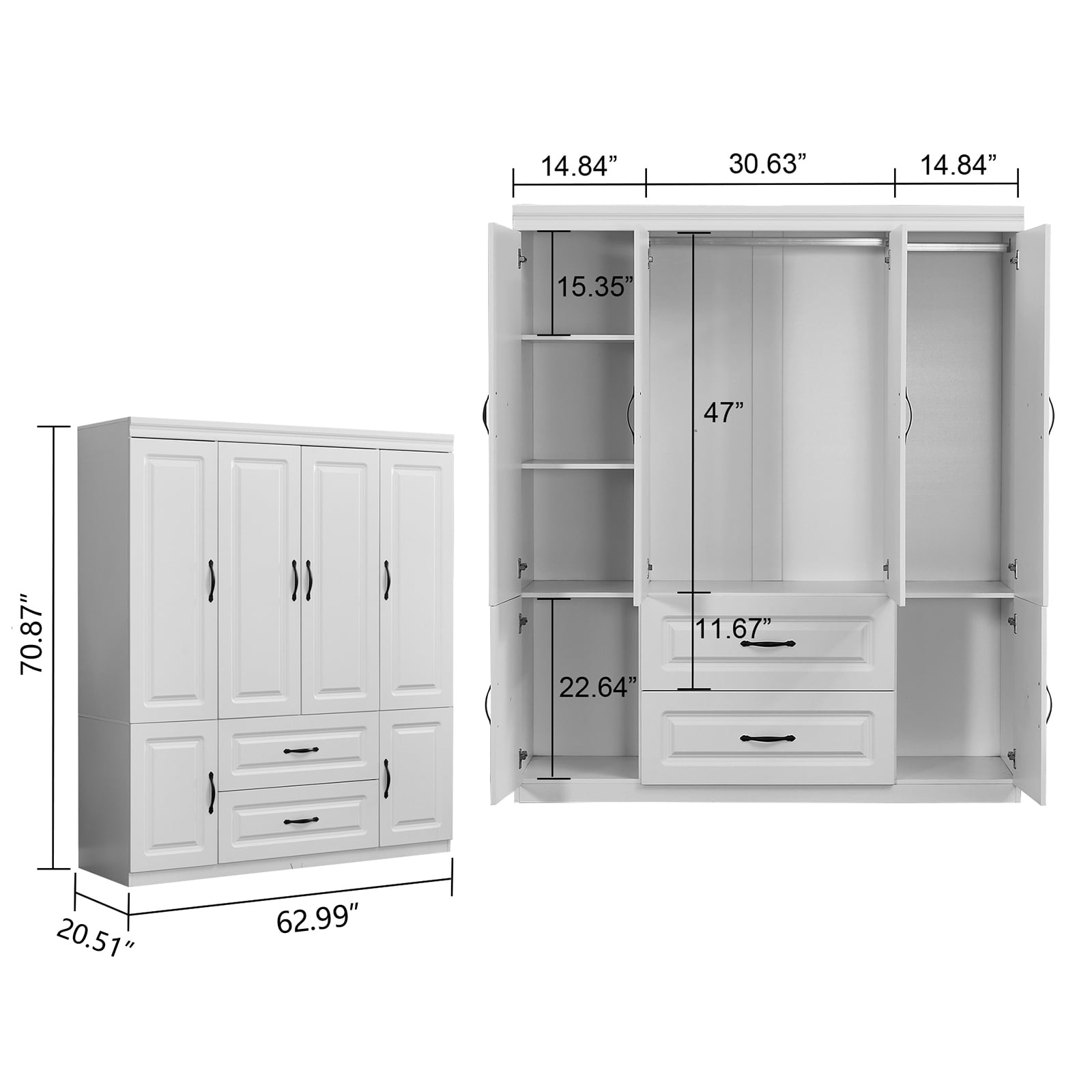 ModMakers 4 Door Wardrobe Armoire Closet, Modern Wood Wardrobe Storage Cabinet with Hanging Rods & Drawers, White