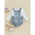 thumbnail image 3 of Baby 2PCS Spring Romper Suit, Long Sleeve Plain Ribbed Crew Tops+ Buckle Shoulder Straps Snap Triangle Suspender Romper, 3 of 9