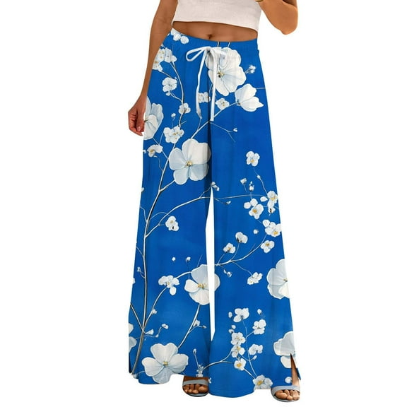 TRUBKH boho pants for women High Waist Wide Leg Pants Floral Solid Long Palazzo Pants Print Boho Palazzo Pants High Waist Trousers With Pockets travel pants women travel outfits for women Blue L