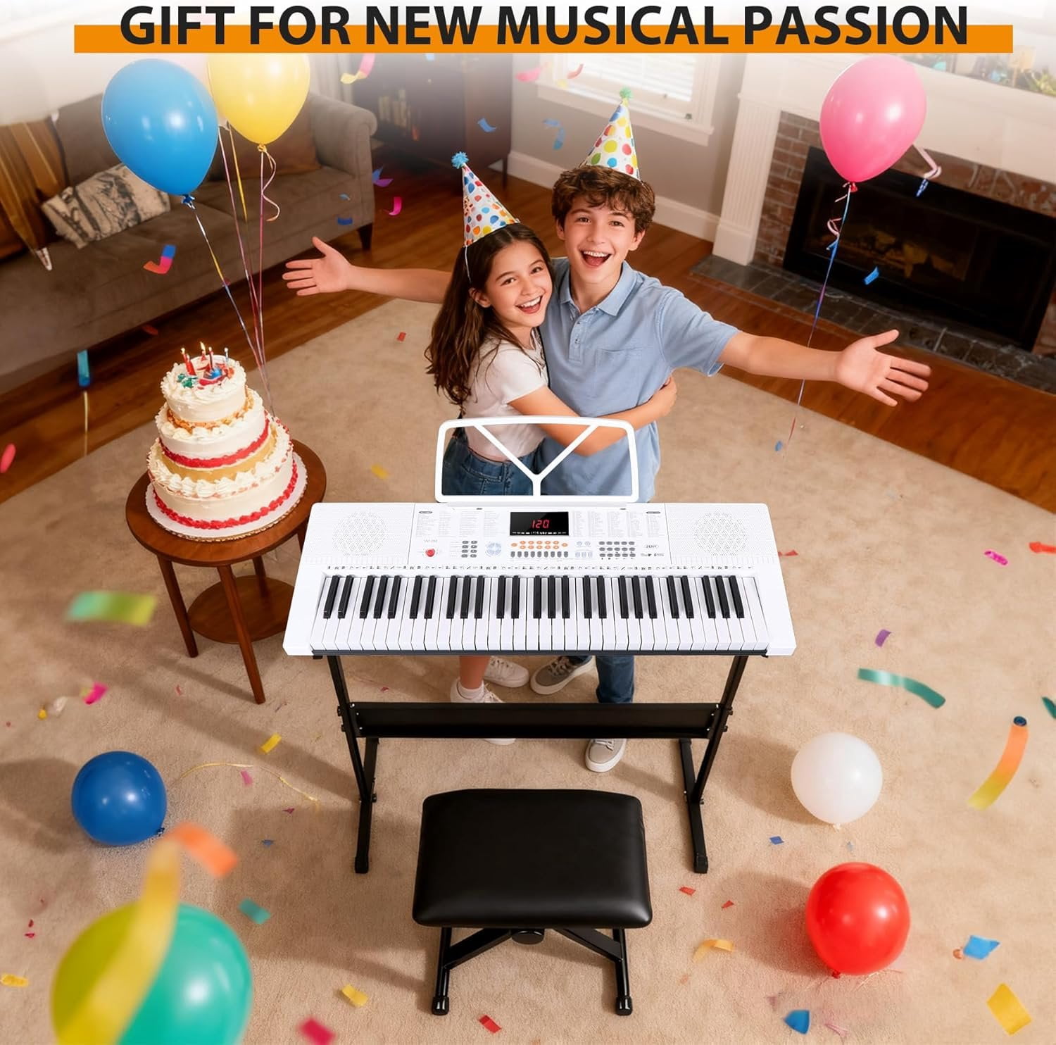 61-Key Portable Electric Keyboard Piano with Built In Speakers, LED Screen, Headphones, Microphone, Piano Stand,  Sheet Stand and Stool (White)