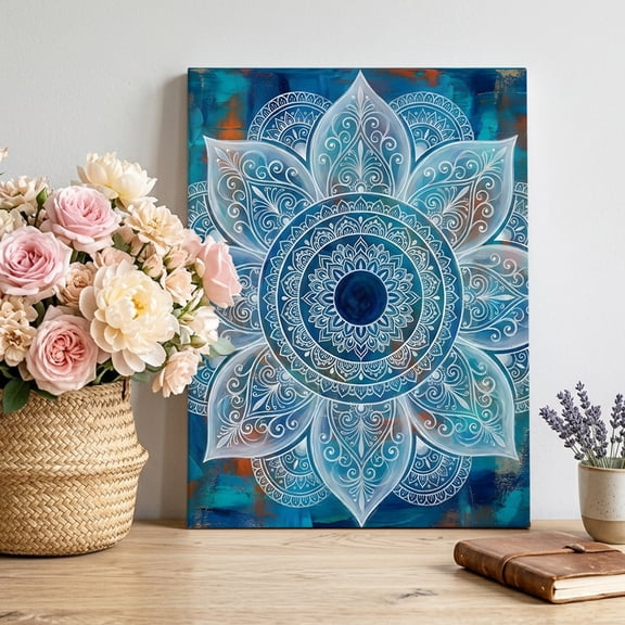 Canvas Wall Art Bohemian Floral Canvas Art Print Art Boho Sacred Geometrical Silver Mandalas Blue Pictures Wall Decor for Living Room Bedroom Artwork Stretched Framed Ready to Hang 20"x24"