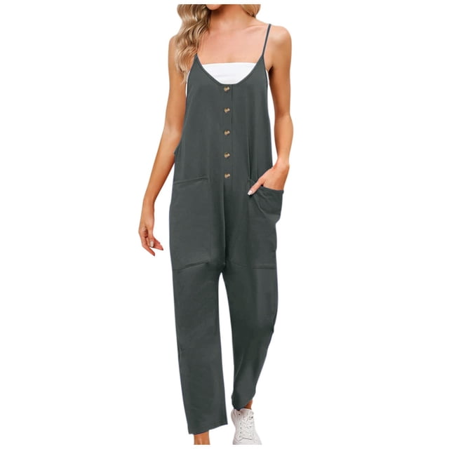 Summer Jumpsuits for Women Spaghetti Straps Casual Button V Neck Plain Cropped Pants Rompers Outfits with Pockets
