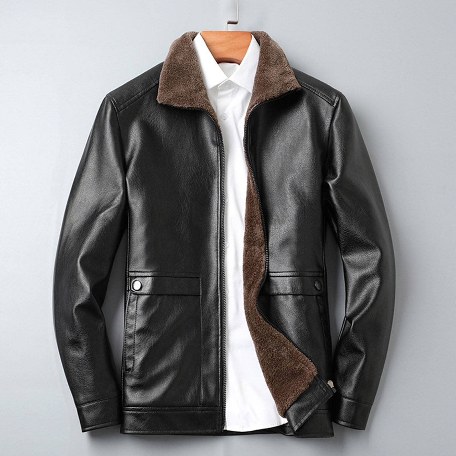 Turilly Mens Fashion Jackets Men Faux Leather Jacket Multiple Pockets Zipper Loose Coat Solid Color Long Sleeved Hoodless Jacket