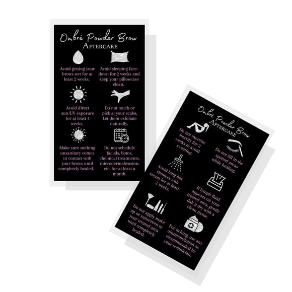 Tarjetas de instrucciones para el cuidado posterior de cejas en polvo Ombre | Paquete de 50 | Tamaño Tarjeta de visita de 2 x 3,5 pulgadas | Brillo plateado negro y diseño rosa claro.
