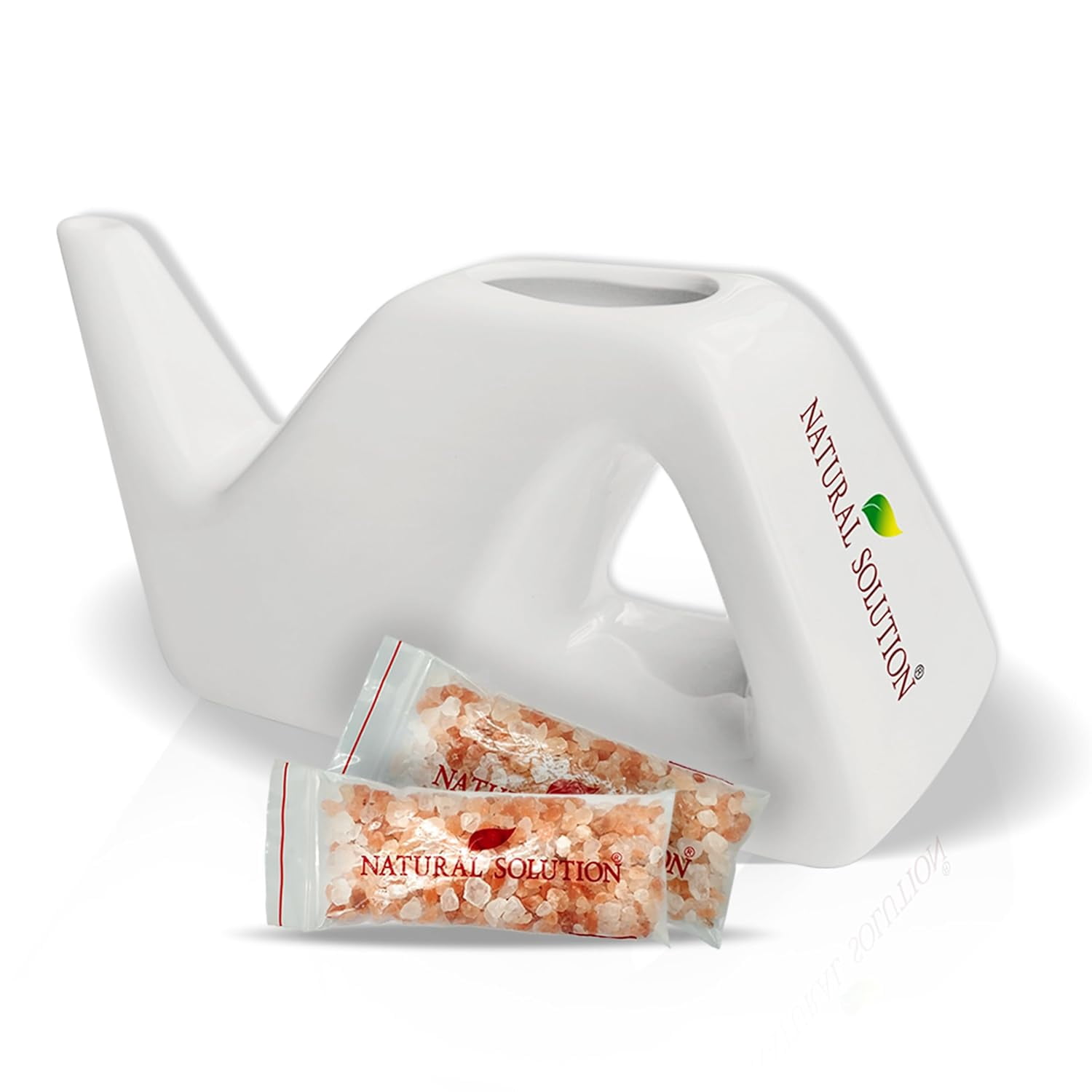 Natural Solution Ceramic Neti Pot, Congestion Relief Filled with 100% Natural Pink Himalayan Salt, Refillable for Breathing Difficulties & Allergy Relief