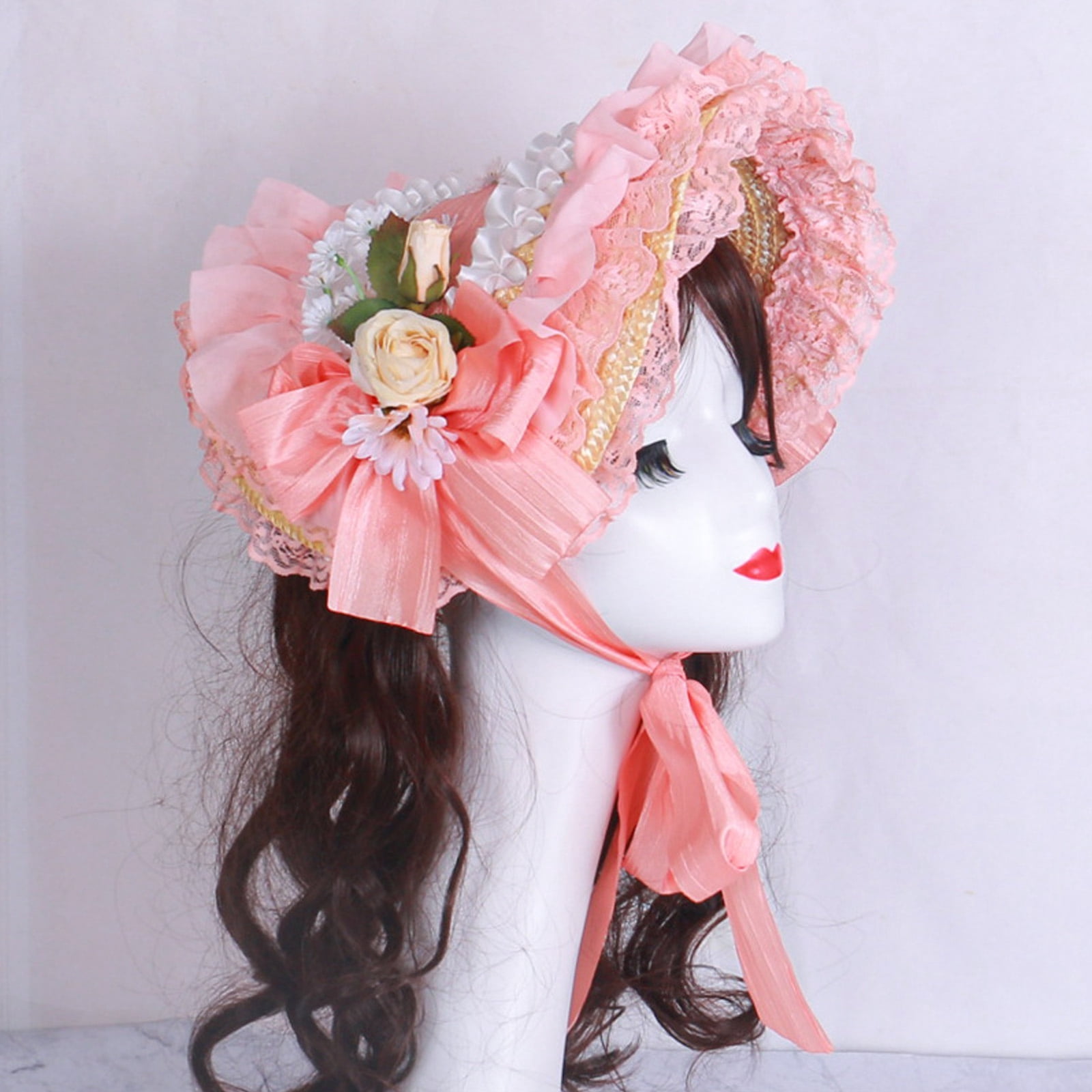 Victorian Lace Designs Straw Bonnet Hat For Women With Ruffled Trim and Rose Flower For Cocktail Party And Cosplay Event