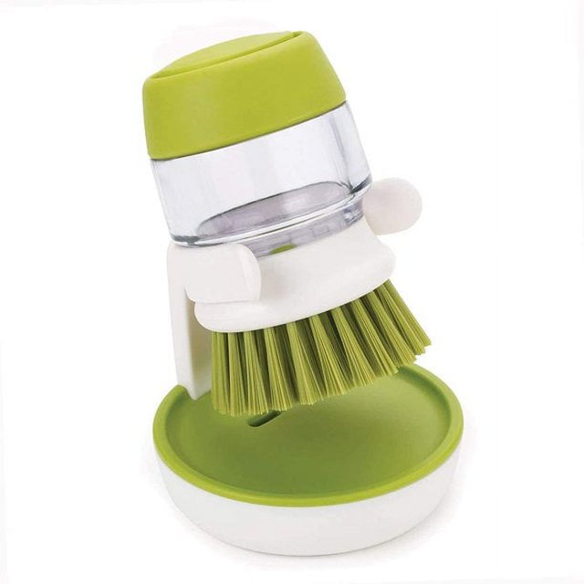 Cepillo dispensador de jabón para fregar la palma con bandeja de goteo, cepillo de lavado para platos, ollas, sartenes, limpieza del fregadero