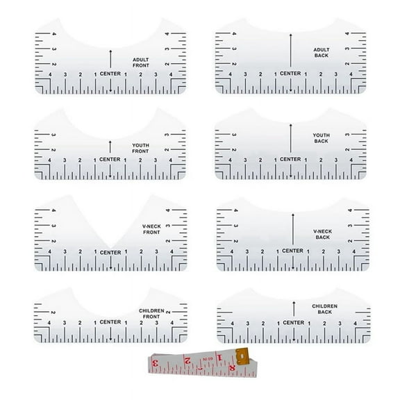 9pcs Tshirt Ruler Guide to Center Vinyl, Transparent V-Neck/Round PVC Ruler for Alignment, Heat