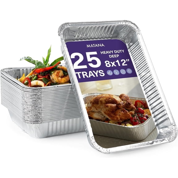 MATANA 25 Pack 8x12 Aluminum Pans Foil Trays, Ideal for Roasting, Baking, Cakes, Bread, Chafer, Crawfish, Lasagna Trays, Party