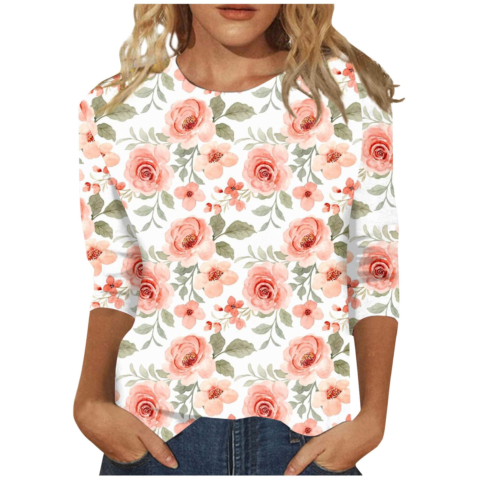 RPVATI 3/4 Length Sleeve Tops Women Comfy Loose Fit Floral Tshirts ...