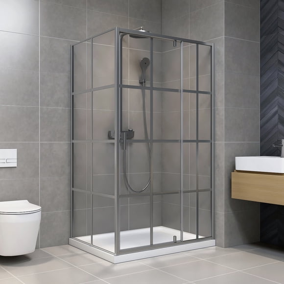 48" x 36" Chrome Corner Pivot Shower Door & Base Kit – Framed Windowpane Design with 8mm Tempered Glass