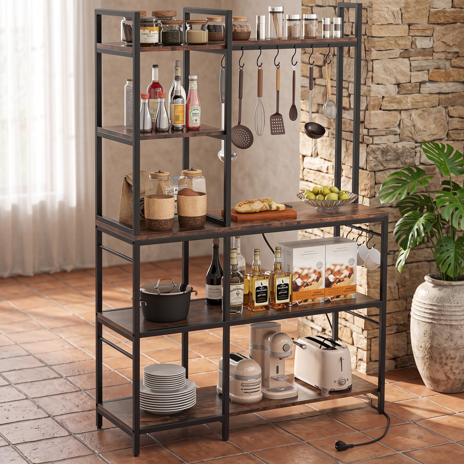 RUIE 5-Tier Kitchen Bakers Rack with Power Outlets, USB & Type-C Charging Station, 10 S-Hooks and Adjustable Feet, Freestanding Metal Microwave Storage, Rustic Brown