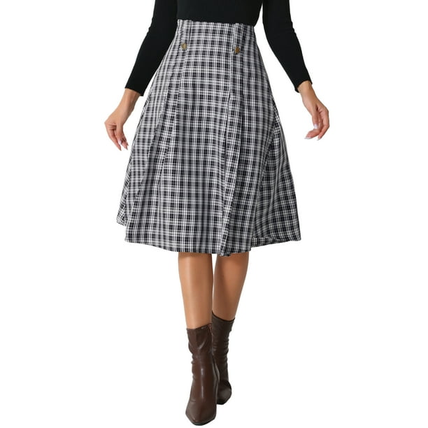 Falda de cuadros para mujer Inspire Chic, de talle alto, plisada, tipo A, midi, negra, talla S