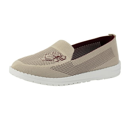 Fauean Slip on Sneakers Women Ladies Breathable Mesh Flat Bottomed Shoes Casual Sneakers Beige Size 37