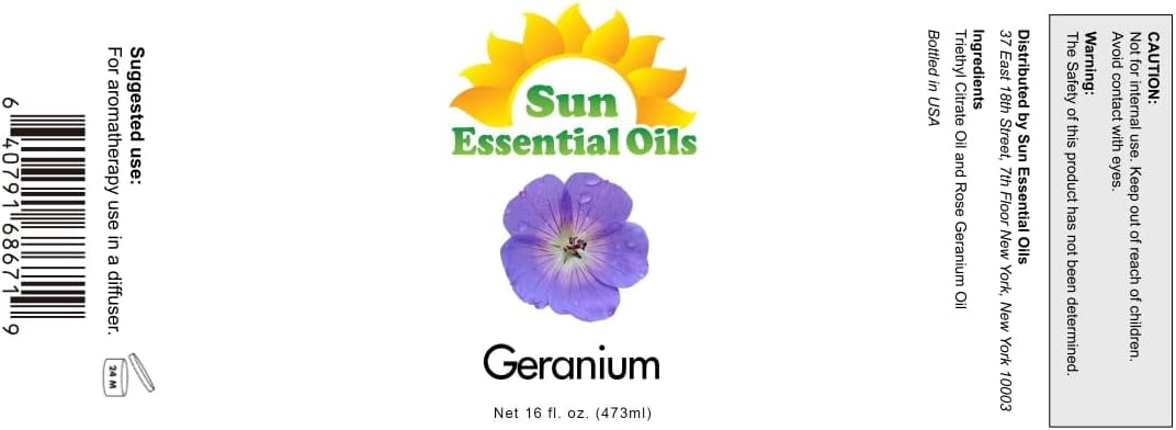 Sun Essential Oils - Geranium Essential Oil 16oz for Aromatherapy, Diffuser, Stress Relief