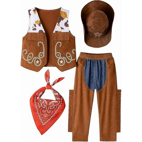 stylesilove Toddler Boy Cowboy 4pcs Outfit with Hat, Vest, Pants & Bandana Brown Clothing Set (2-3 Years)