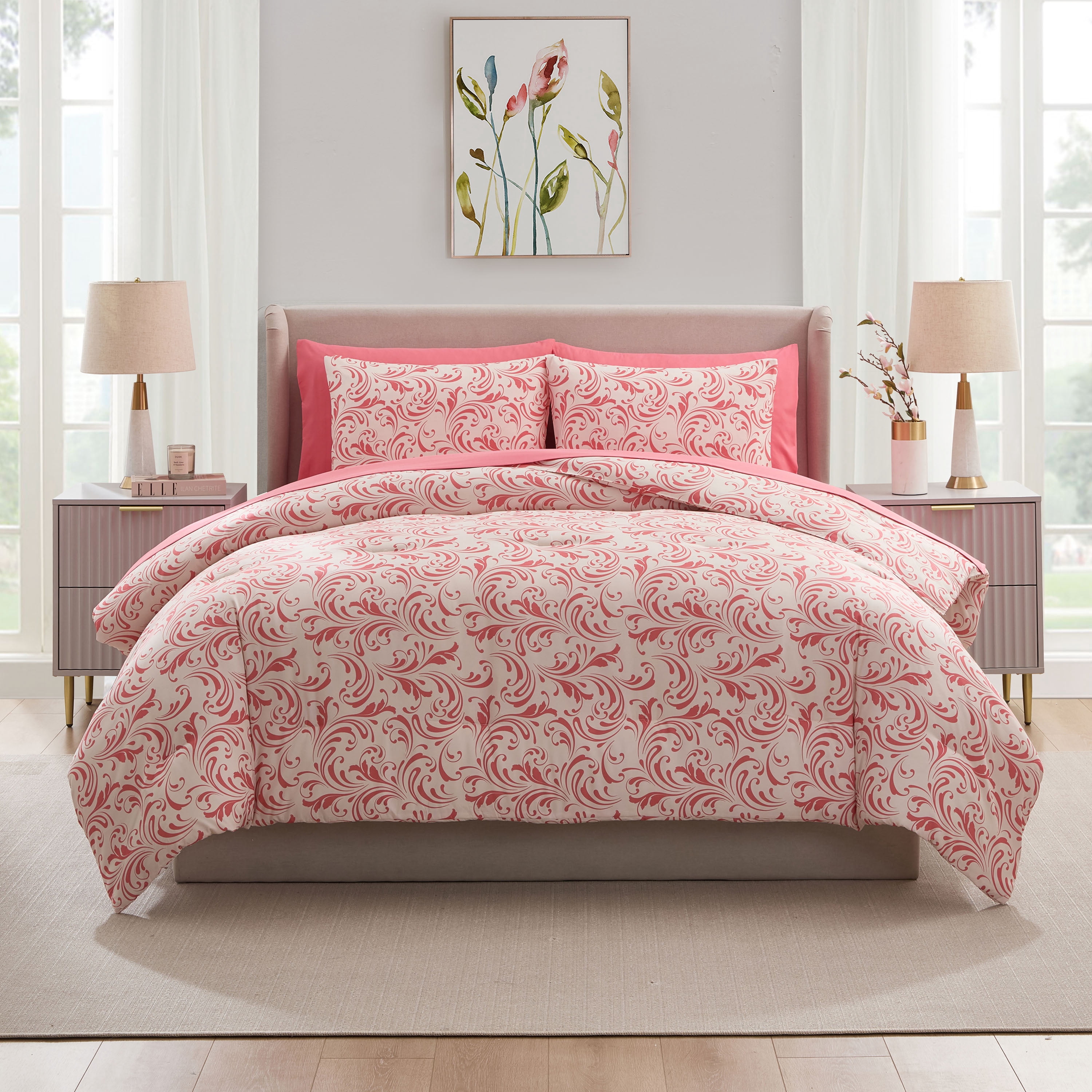 LammaLoe Full Size Comforter Set, 7 Piece Biomorphic Bed in a Bag Full, Bedding Comforter Set with Sheets, Modern Bed Set, Pink