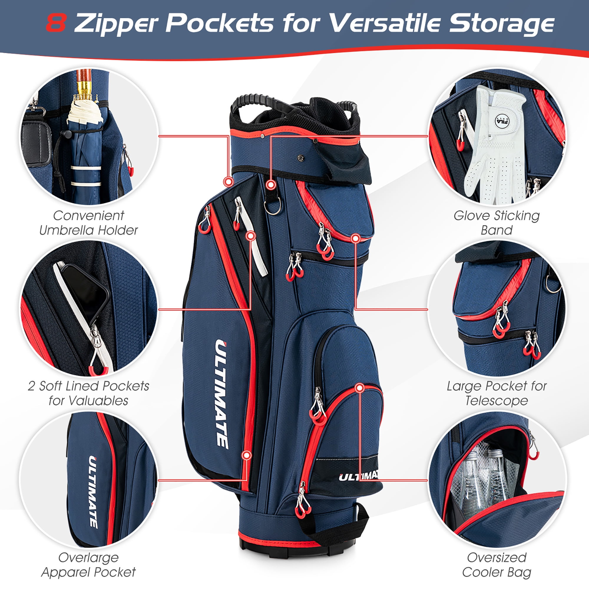 Gymax 9.5" Golf Cart Bag w/14 Divider Rain Hood Cooler Bag 8 Pockets