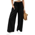 thumbnail image 2 of CQONEPT Smocked Waist Pants for Women Wide Leg Fall Casual Lounge Pant High Waisted Palazzo Ruffle Full Length Soft Trousers with Pocket Black 2XL, 2 of 7