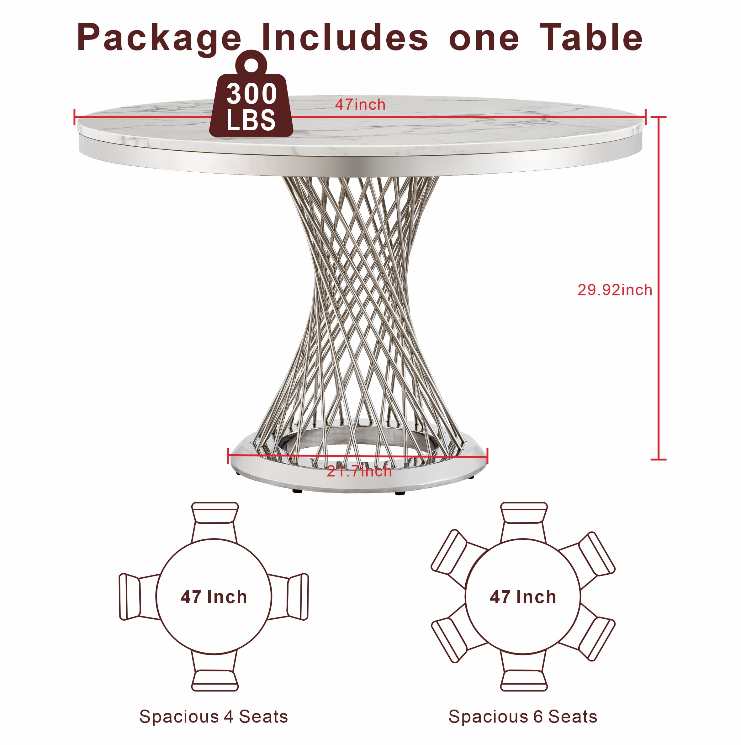 Shikeyi 47" Modern Round Faux Marble Dining Table for 4-6 People, Luxury Silver Stainless Steel Pedestal Base Dinner Table for Dining Room, White (Table Only)