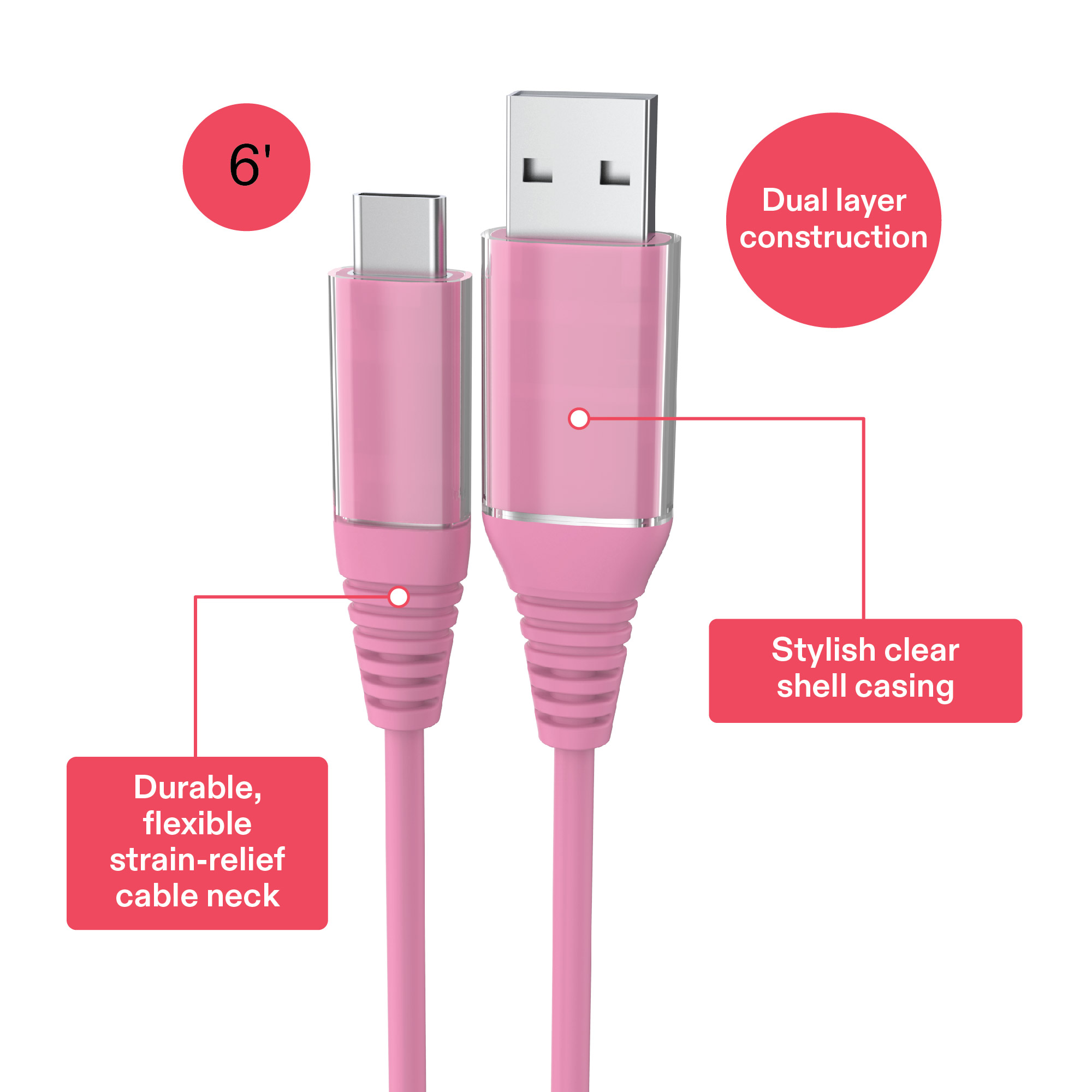 Cable de carga onn de 6 pies USB-C a USB-A, certificado USB-IF, rosa - Compatible con iPhone serie 16, iPhone serie 15, Samsung Galaxy, Note, dispositivos Pixel, iPad Pro y más 2