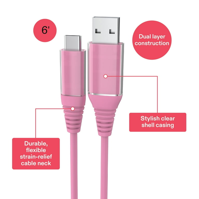 Onn+ USB C to USB Charging Cable, Pink, 6-foot, Fast Charging