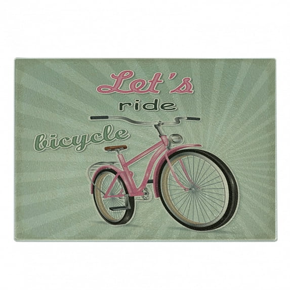 Bicycle Cutting Board, Retro Featured Pop Art Style Urban Dated Bike with Expanding Stripes Velocity Print, Decorative Tempered Glass Cutting and Serving Board, Small Size, Green Pink, by Ambesonne