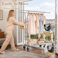 thumbnail image 3 of 620 lbs Heavy Duty Clothes Rack with Wheels and Adjustable Double Rods Stainless-Steel Garment Rack with Mesh Shelf and Adjustable Height Clothes Drying Rack, 66"L×62"H×17"W, 3 of 8