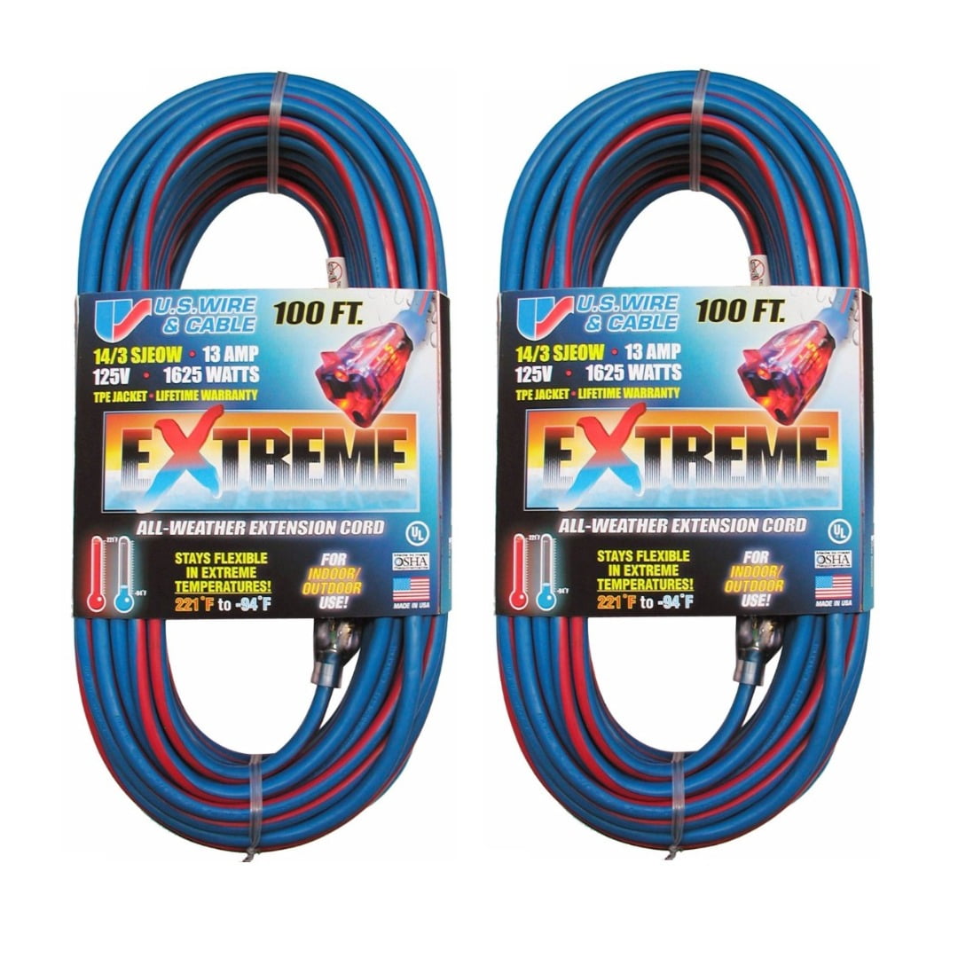 U.S. Wire 100Foot Blue Cold Weather Extension Cord with Lighted Plug