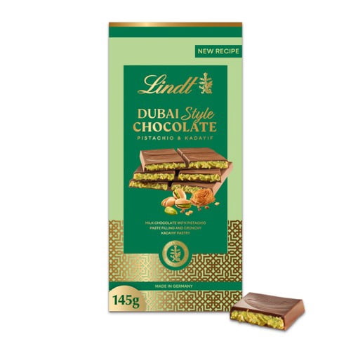 Lindt Dubai Style Milk Pistachio Chocolate Bar 145g, British Import (Pack of 3)