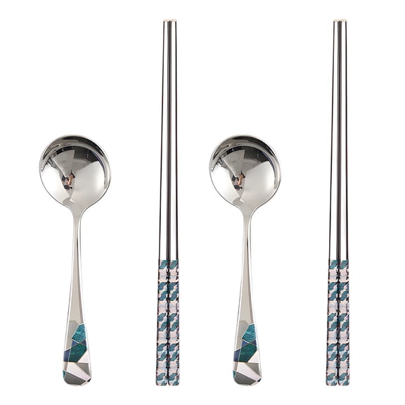 2 Pcs 304 Stainless Steel Irregular Square Korean Spoon & Chopsticks Set, Long Non-Slip Colorful Metal Chopsticks, Deep Round Bowl Spoon for Ramen Noodles Soup Dinnerware, with Frosted Pouch