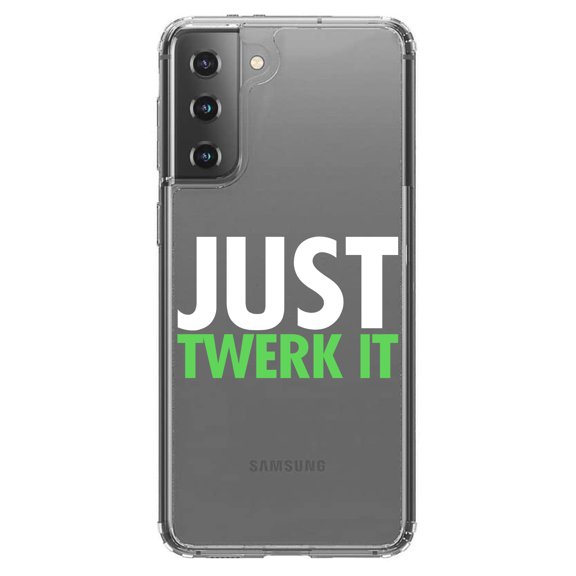DistinctInk Clear Shockproof Hybrid Case for Galaxy S21 5G (6.2" Screen) - TPU Bumper Acrylic Back Tempered Glass Screen Protector - Just Twerk It
