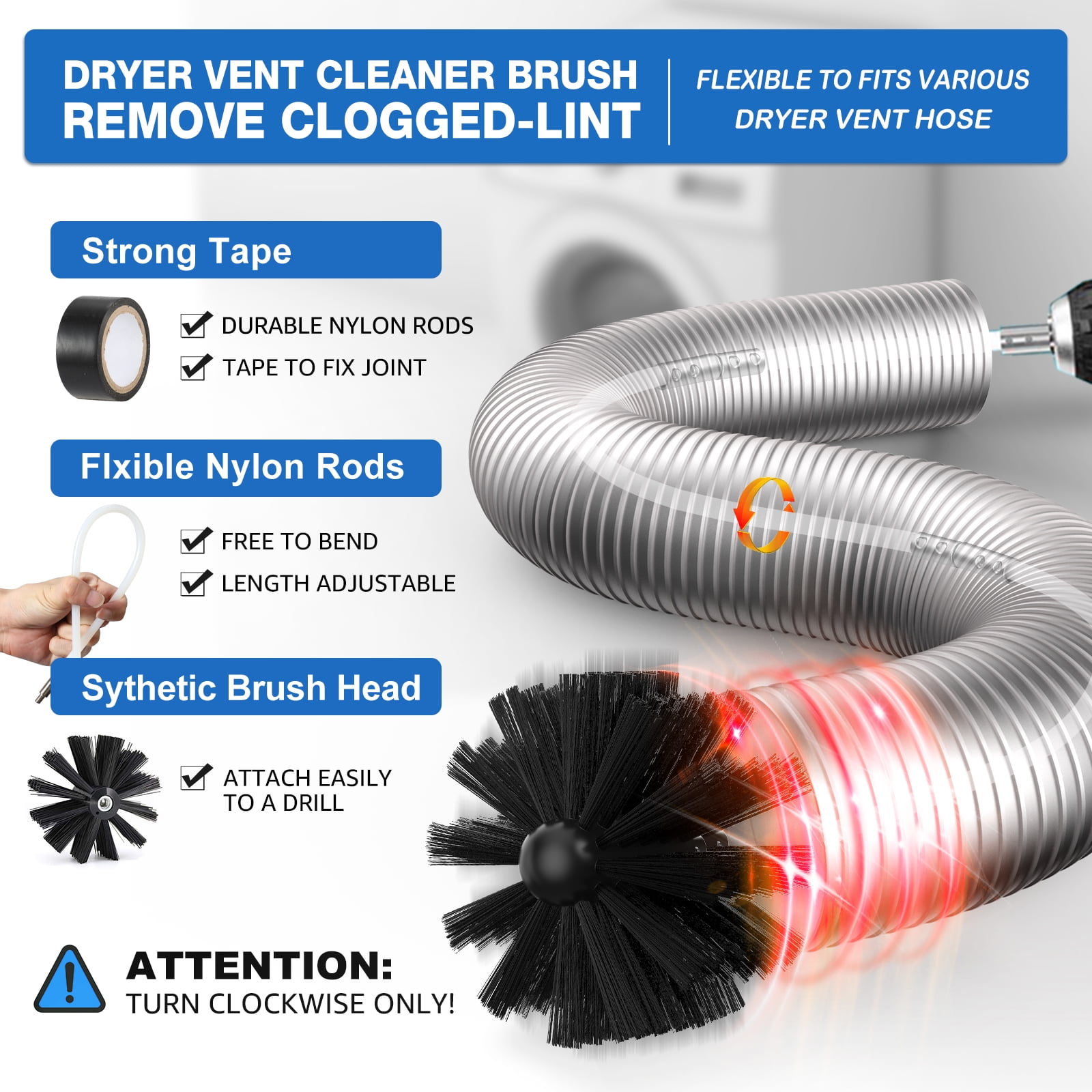 DRYVENCK 30-FT Dryer Vent Cleaner Kit, Dryer Cleaning Tools, Omnidirectional Dryer Lint Vacuum Attachment, Dryer Vent Brush, Universal Vacuum & Dryer Adapters (Blue)